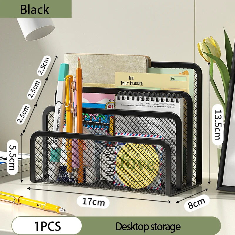 Black metal 3-layer paper tray and notebook stand rack with iron mesh design for desk organization by eprolo
