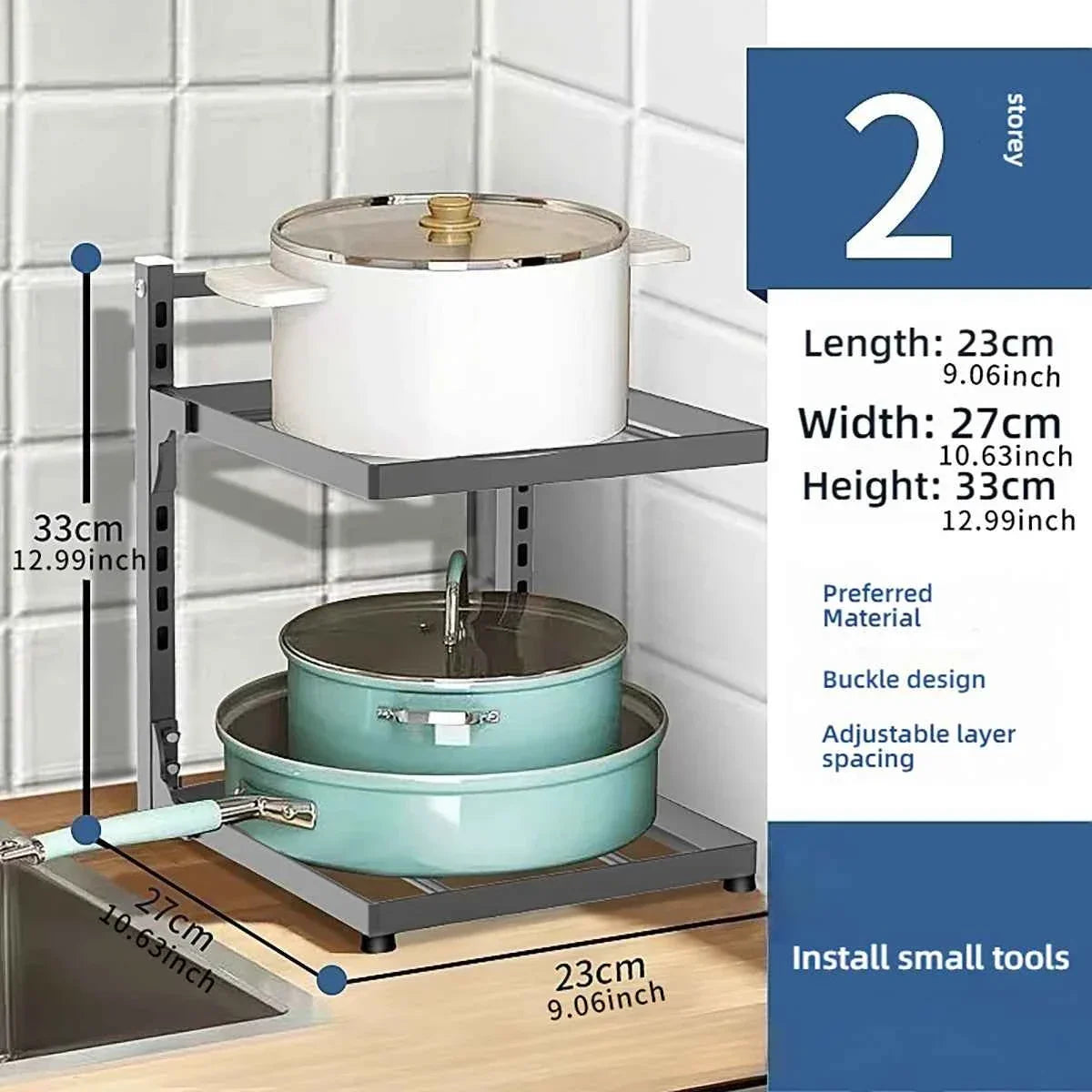 2-tier kitchen pot rack with adjustable spacing, holding cookware, fits countertop, 23x27x33cm