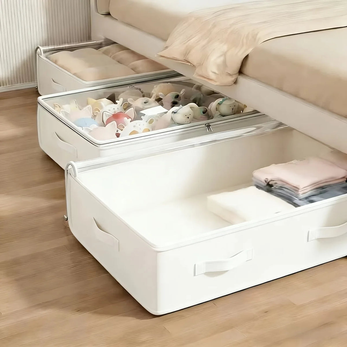 Set of three white foldable under bed storage boxes by eprolo for blankets and clothing, versatile and space-saving.