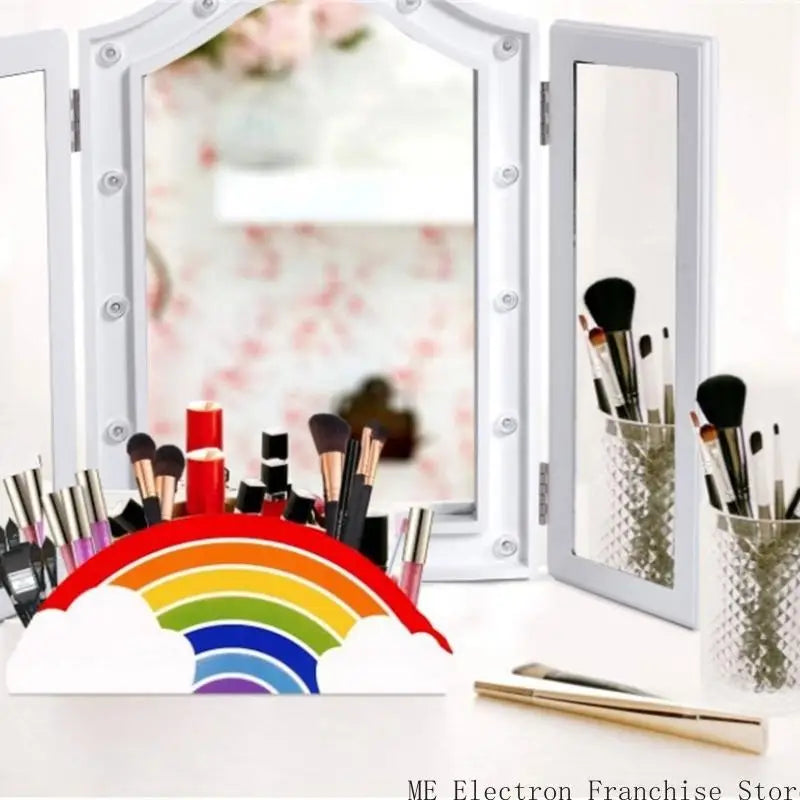 Colorful rainbow pen cup by eprolo, decorative desktop organizer with five compartments for pencils, pens, and stationery.