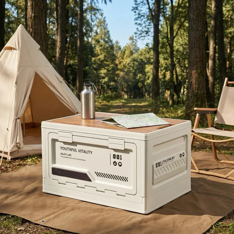 Eprolo outdoor storage box and camping organizer, foldable and portable for car trunk and outdoor camping use.