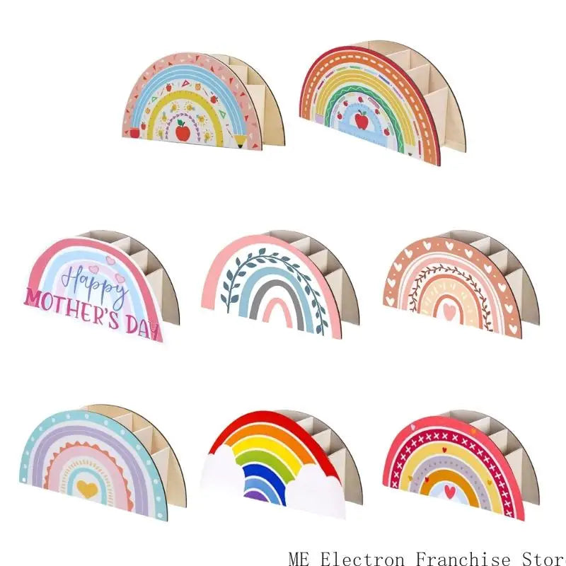 Rainbow pen cup organizer with five compartments for pencils, pens, and stationery on a desk, by eprolo.