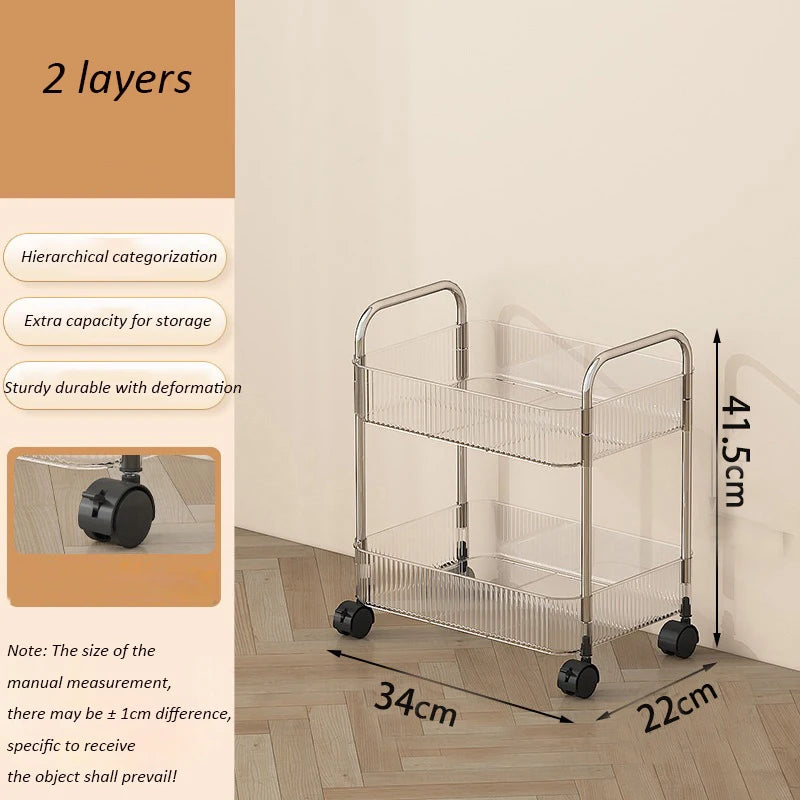 Eprolo UNTIOR transparent acrylic trolley for cosmetics and bedroom storage with multiple shelves on a modern living room shelf
