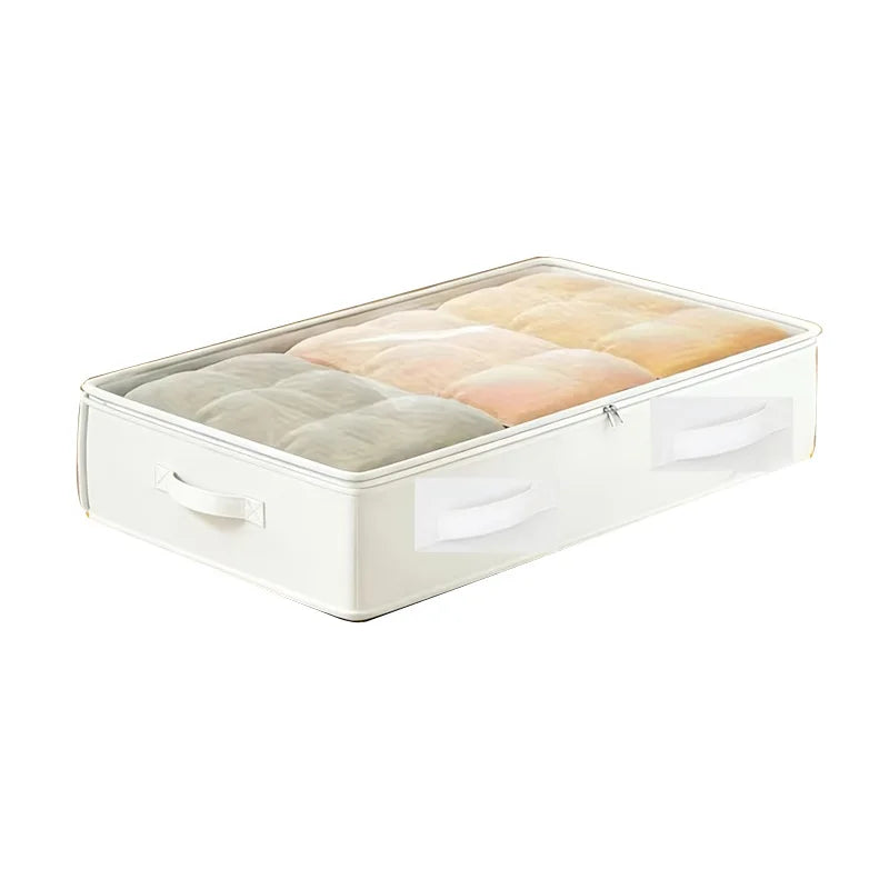 Three white foldable under-bed storage boxes by eprolo, designed for blankets and multipurpose organization.