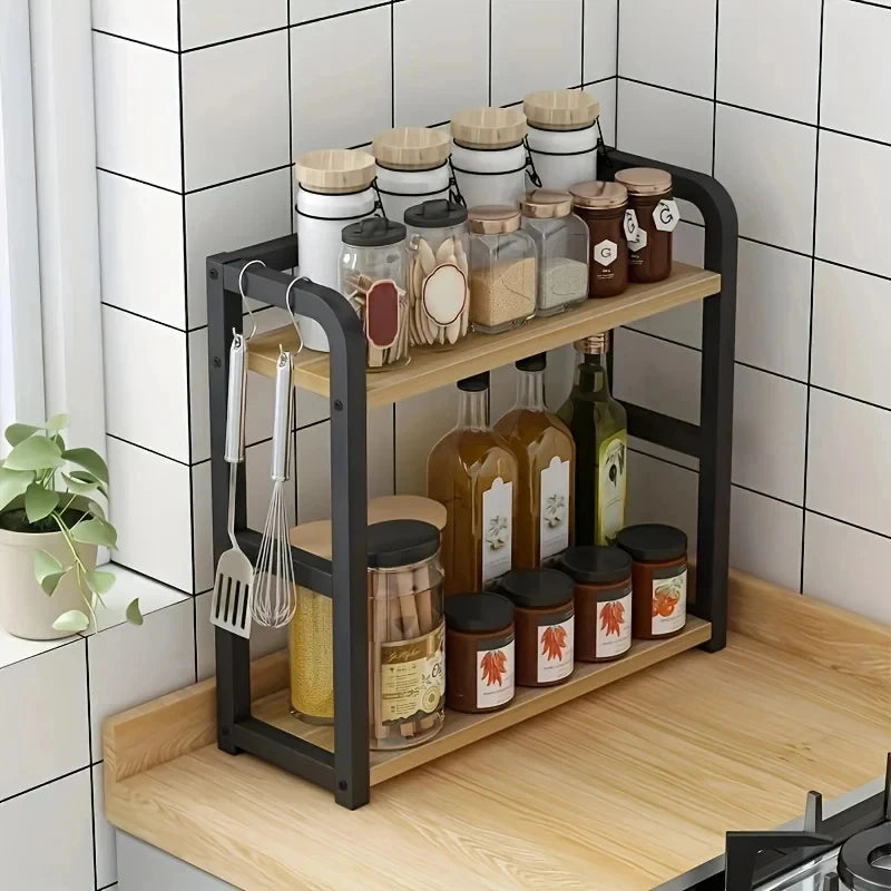Rustproof metal countertop shelf by eprolo, space-saving kitchen organizer with multiple tiers for storing kitchen essentials.