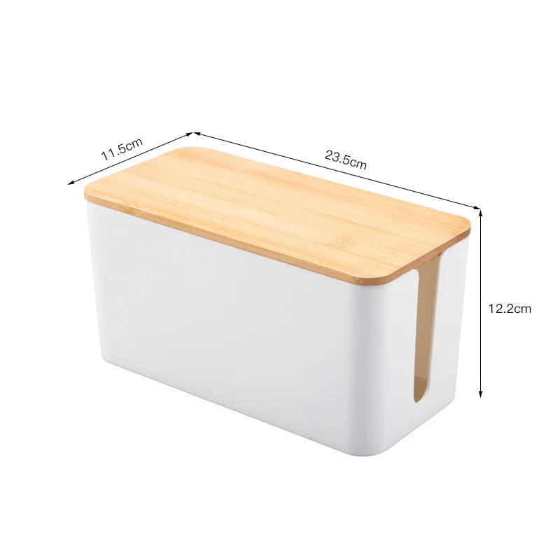 Eprolo wooden cable storage box with dustproof cover, power line organizer and home charger socket for tidy cable management.