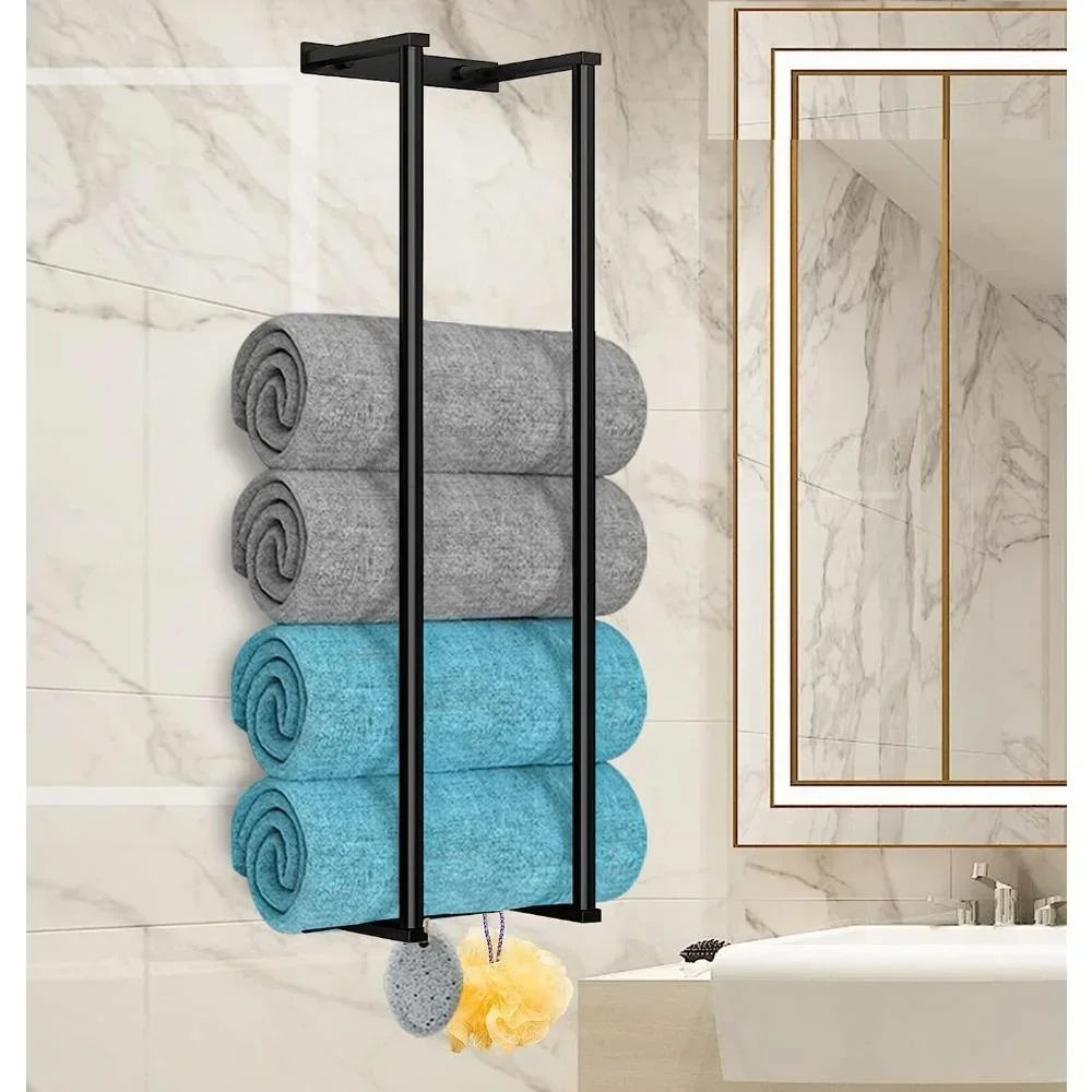 Wall-mounted bathroom towel rack by eprolo holding rolled towels, ideal for bathroom wall storage and organization.