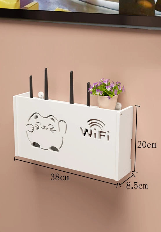 Eprolo wireless WiFi router storage box with living room socket and decoration, black plastic design, organized for home networking.