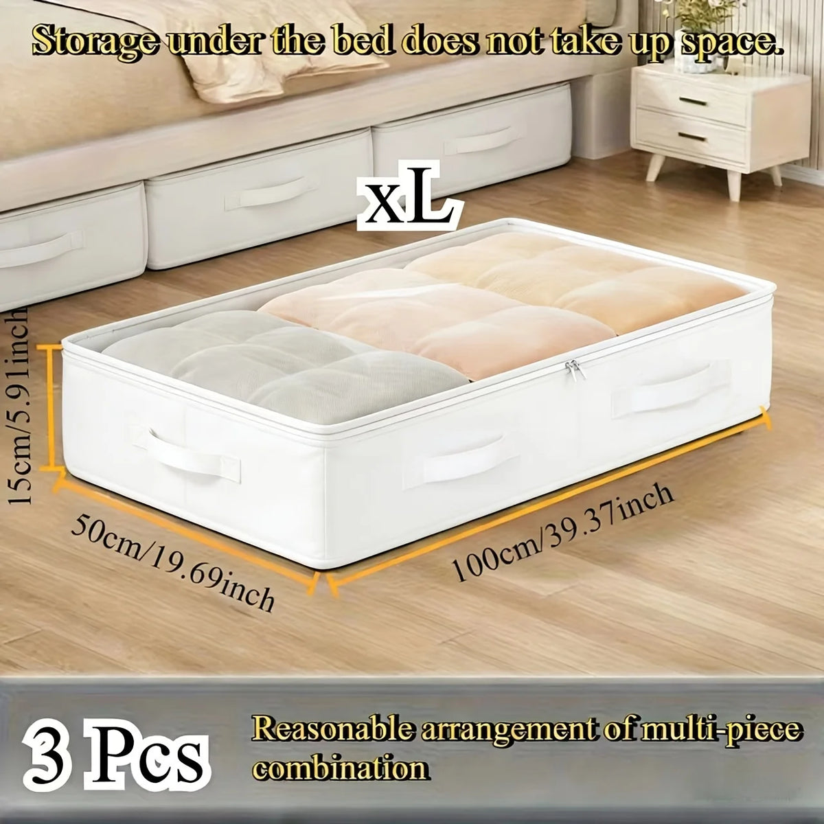 Set of 3 white foldable under bed storage boxes by eprolo, ideal for blankets and multipurpose organization.