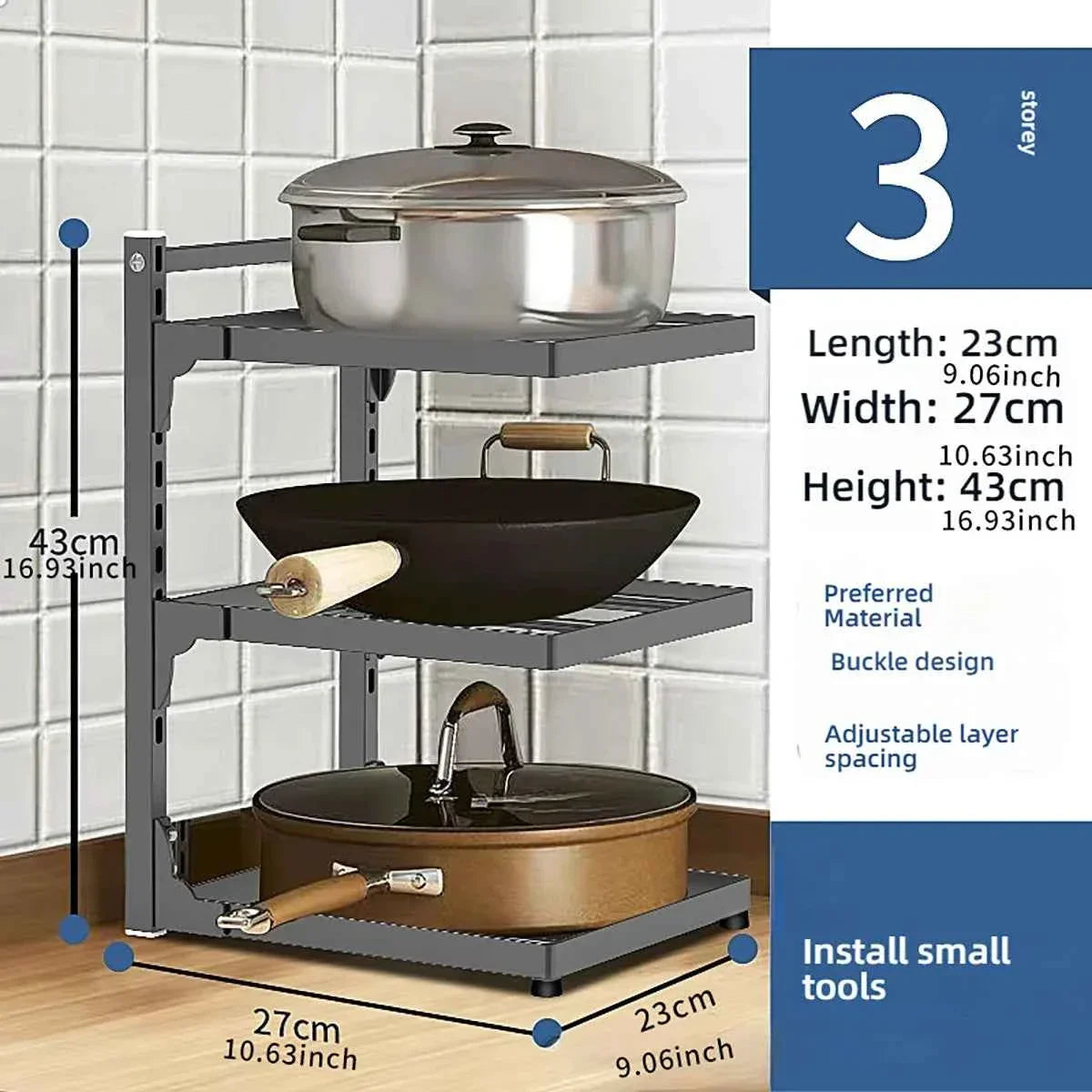3-tier kitchen shelf with pots, adjustable spacing, 43cm height, buckle design for countertop storage