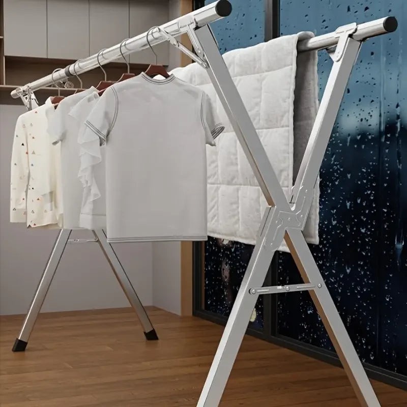 Eprolo folding metal drying rack with 20 hooks, retractable large capacity X-frame for drying clothes and linens.