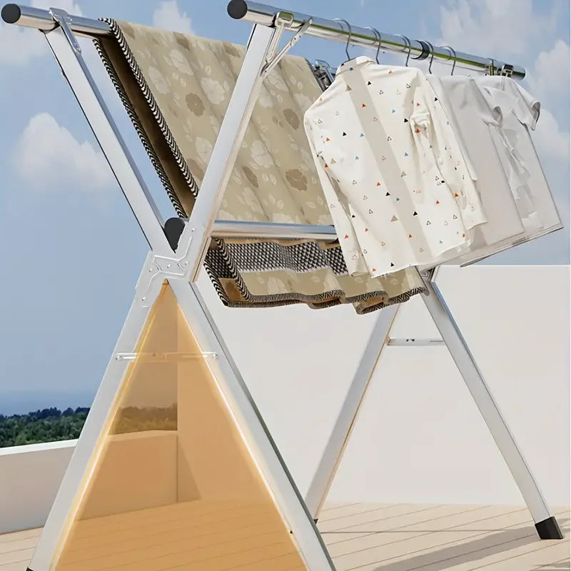 Eprolo folding metal drying rack with 20 hooks and retractable large capacity X-frame for clothes and laundry drying.