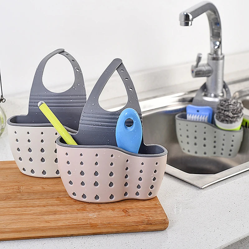 eprolo home storage drain basket for kitchen sink, adjustable soap and sponge holder, compact kitchen sink organizer