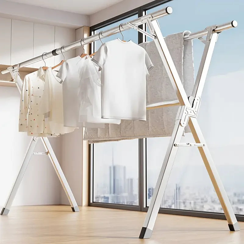 Eprolo folding metal drying rack with 20 hooks and retractable X-frame for large capacity laundry drying.