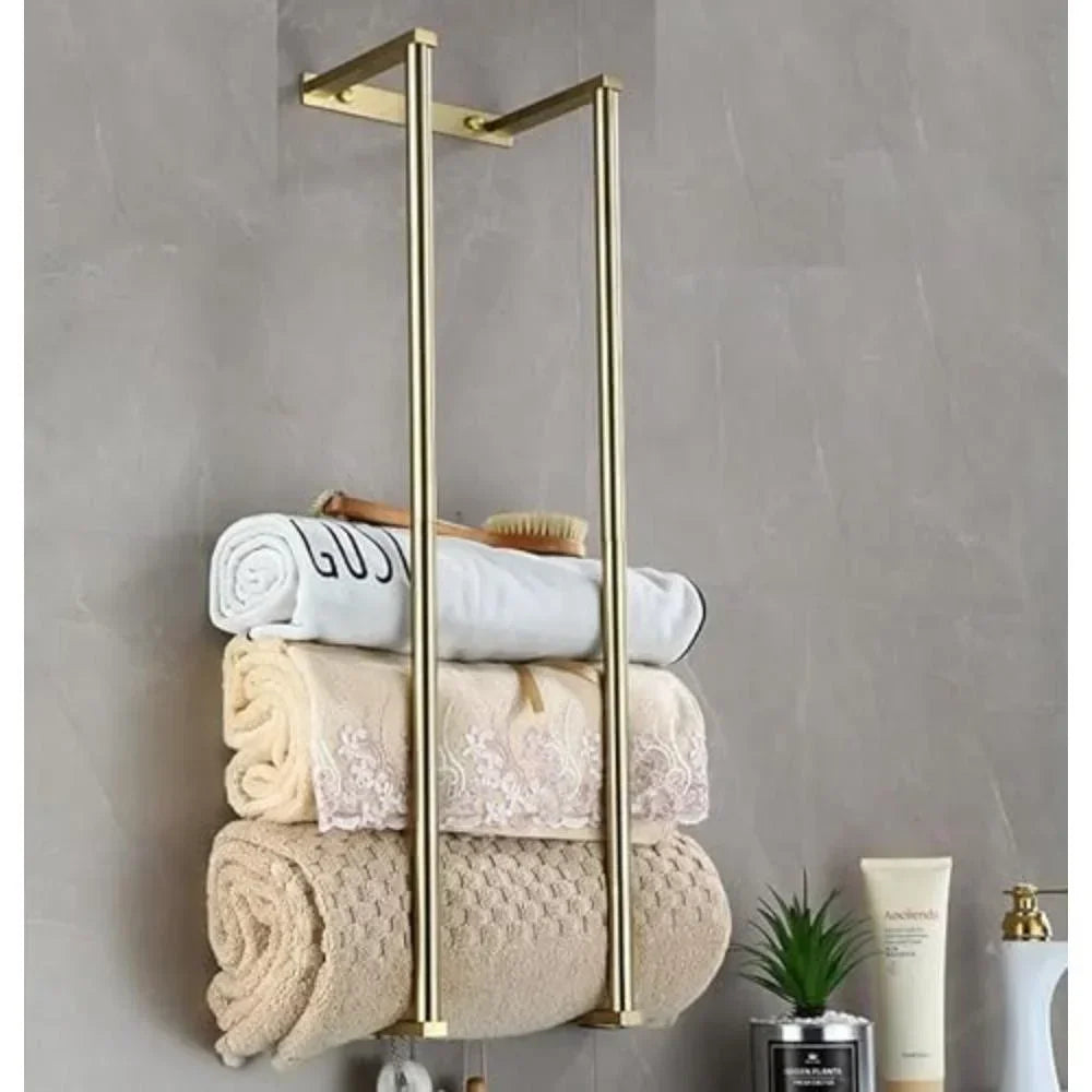 Wall-mounted bathroom towel rack by eprolo with horizontal bars for rolled towels and towel storage.