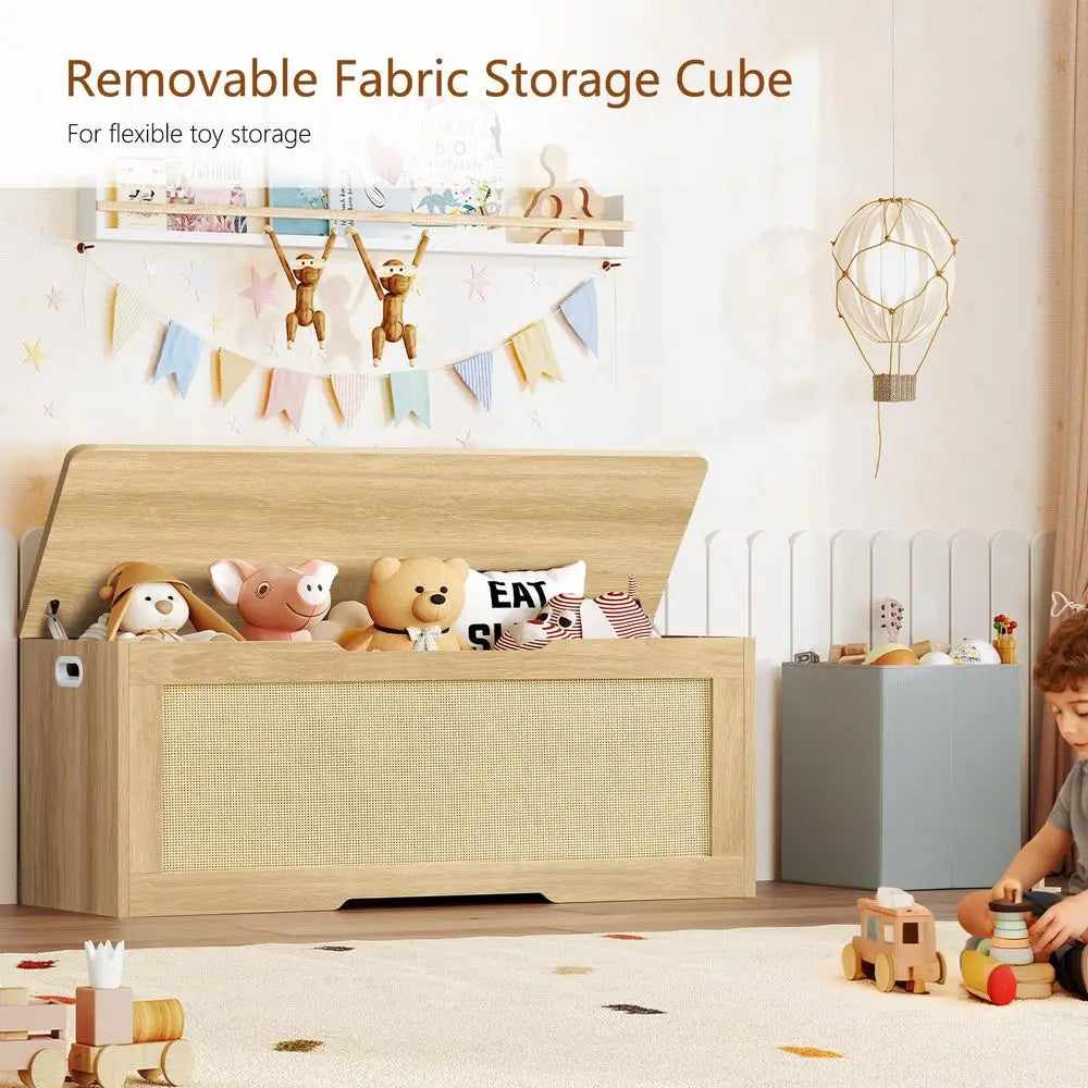 Large eprolo storage chest with fabric drawer and safety hinges, ideal as a toy box for organized storage and easy access.