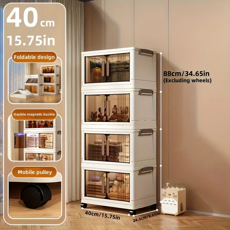 Heavy-duty plastic folding storage cabinet with lid, stackable and foldable, by eprolo, shown with closed lid and sturdy design.