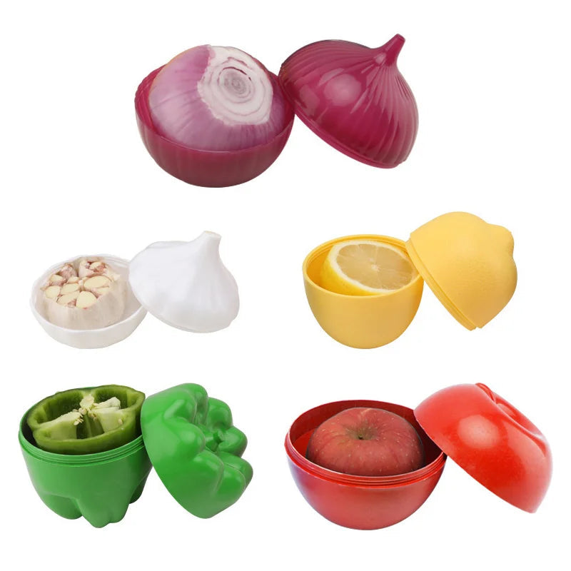 Eprolo kitchen storage containers holding fresh onions, garlic, tomatoes, lemon, and green peppers in a clean kitchen setting.