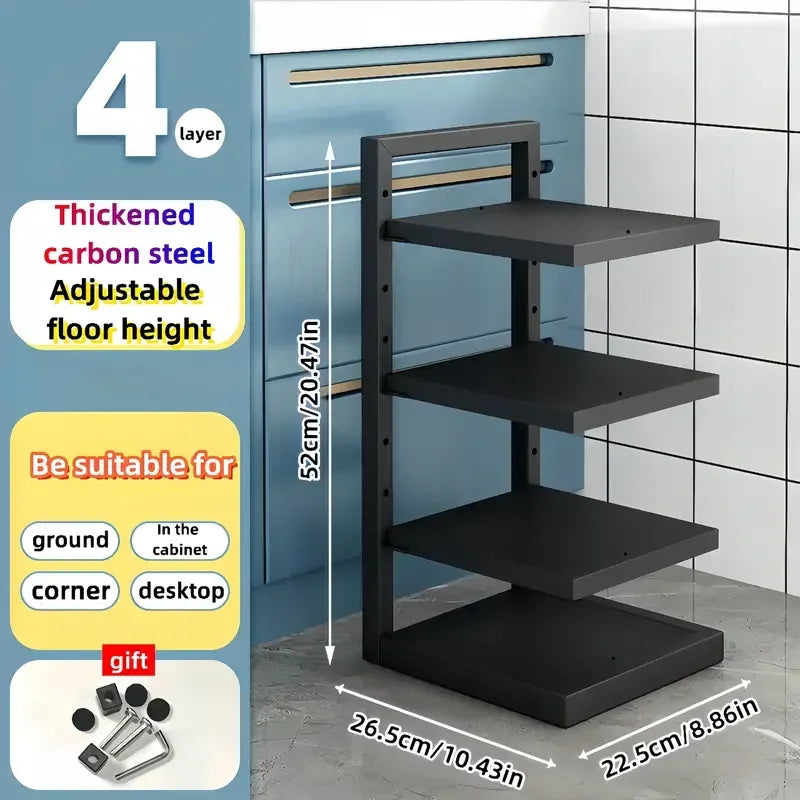 Stainless steel adjustable pot rack organizer by eprolo, featuring hooks and shelves for kitchen pot and pan storage.