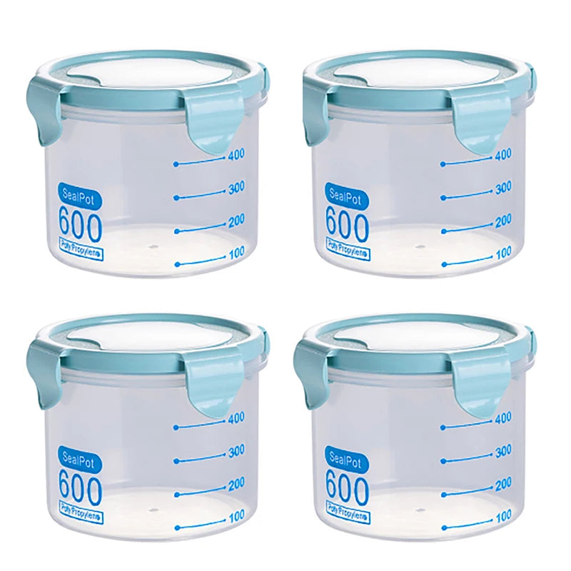 Set of four sealed jars for grain and spice storage, made by eprolo, with clear, airtight containers for kitchen organization.