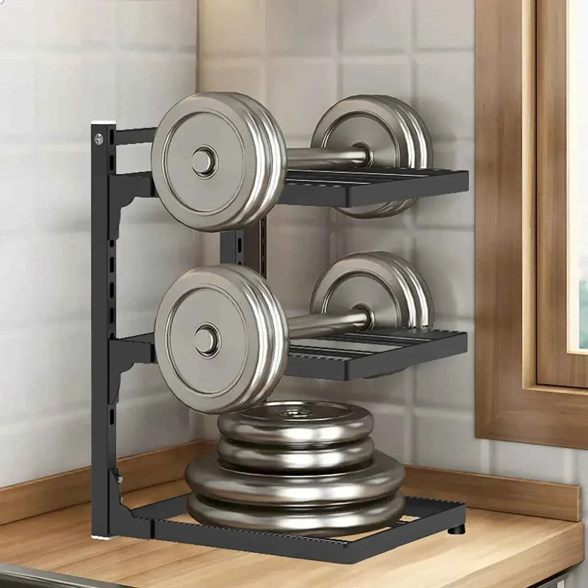 Black 3-tier dumbbell rack with chrome weights, ideal for home gym organization and space-saving storage