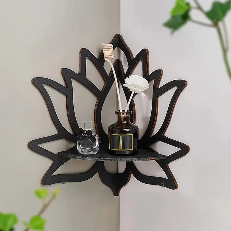 Eprolo wooden lotus hollow decorative rack with open shelves for aromatherapy and organization, crafted from polished wood.