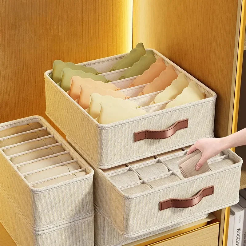 Eprolo fabric drawer organizers for underwear, socks, and bras, neatly arranged in a closet storage drawer.