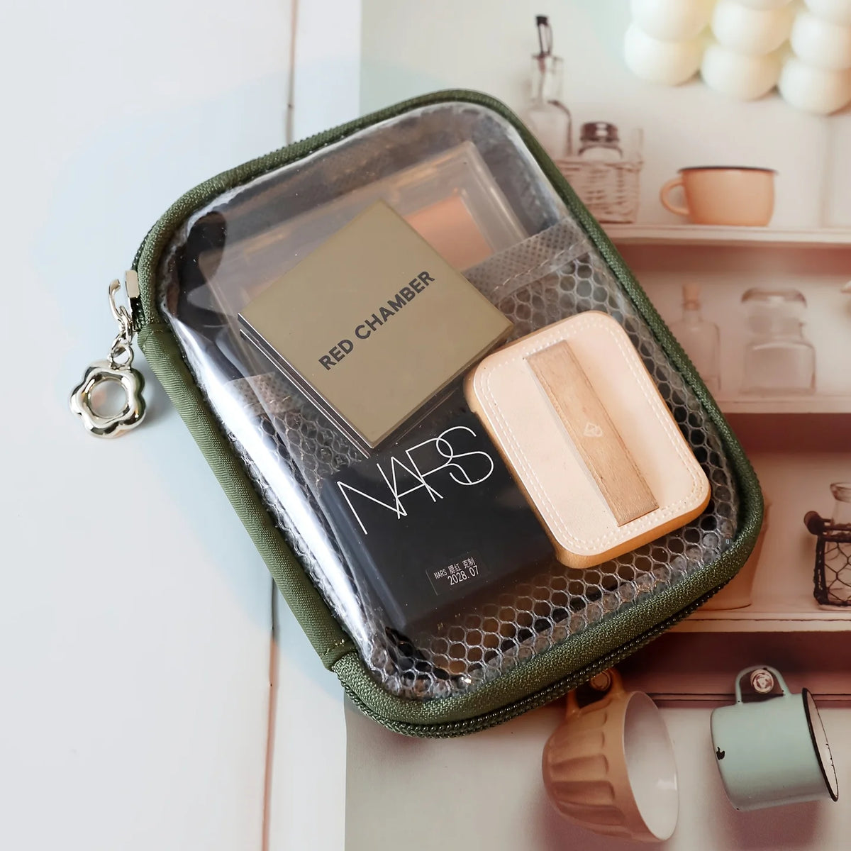 Clear PVC desktop storage bag by eprolo, waterproof with large capacity, shown open with organization compartments.