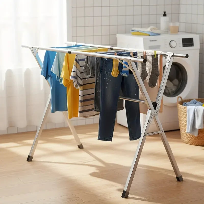 Eprolo folding metal drying rack with 20 hooks, retractable X-frame for large capacity clothes drying, shown in open position.