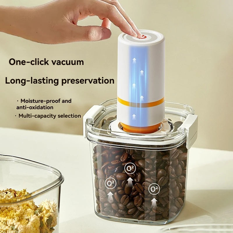 Electric coffee vacuum container by eprolo, plastic vacuum-sealed tank with lid, designed to keep coffee fresh.