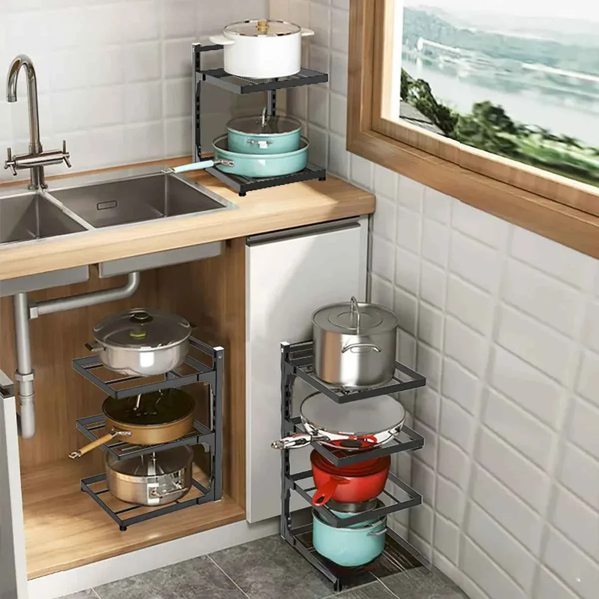 Kitchen pot rack organizer with tiered shelves storing cookware under sink and in corner, maximizing space