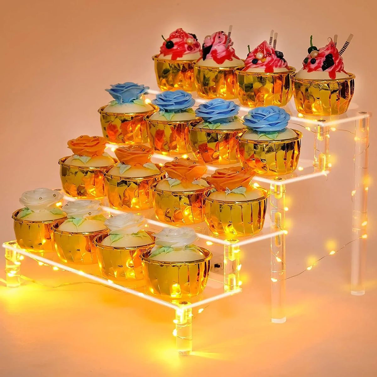 Clear acrylic display stand with 1-5 tiers for cupcakes, showcasing a sleek and versatile riser rack by eprolo