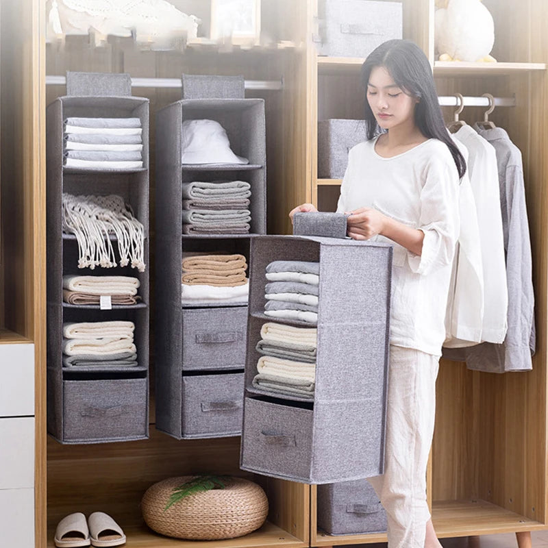 Cotton linen hanging storage bag from eprolo, drawer style wardrobe organizer with multiple compartments for clothing and accessories.