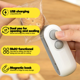 Eprolo electric mini machine with plastic bag heat sealer for sealing small plastic bags, shown in use with sealed bag visible.
