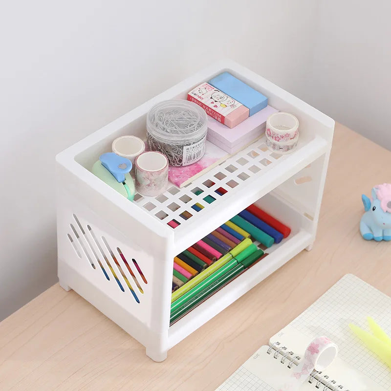 1PC PP Desktop Double Layer Storage Rack Rectangular White Organizing