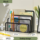 Black metal 3-layer paper tray and notebook stand rack with iron mesh design for desk organization by eprolo
