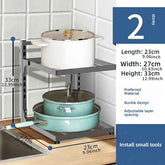 2-tier kitchen pot rack with adjustable spacing, holding cookware, fits countertop, 23x27x33cm