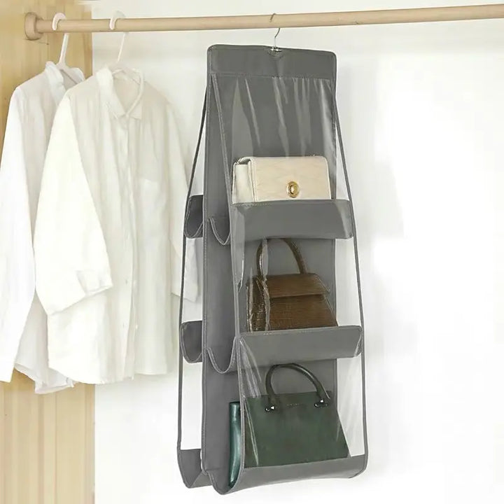 6 Pocket Hanging Handbag Organizer For Wardrobe Closet Gray Waterproof Storage