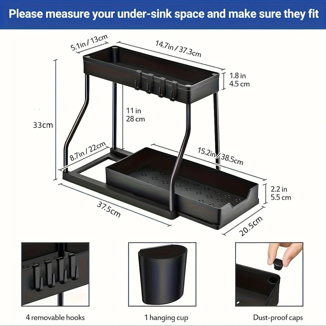 Space Saving 2 Tier Under Sink Organizer,Pull Out Storage Box Drawer Organizer
