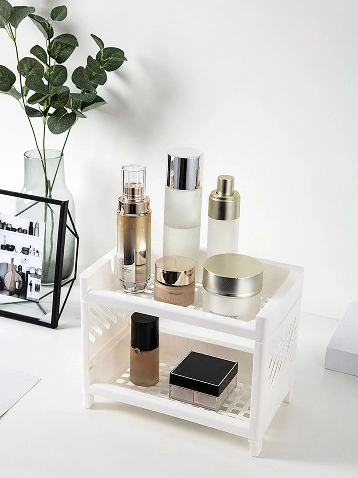 Eprolo minimalist desktop double-layer storage rack with compartments for stationery and office organization on a clean workspace.