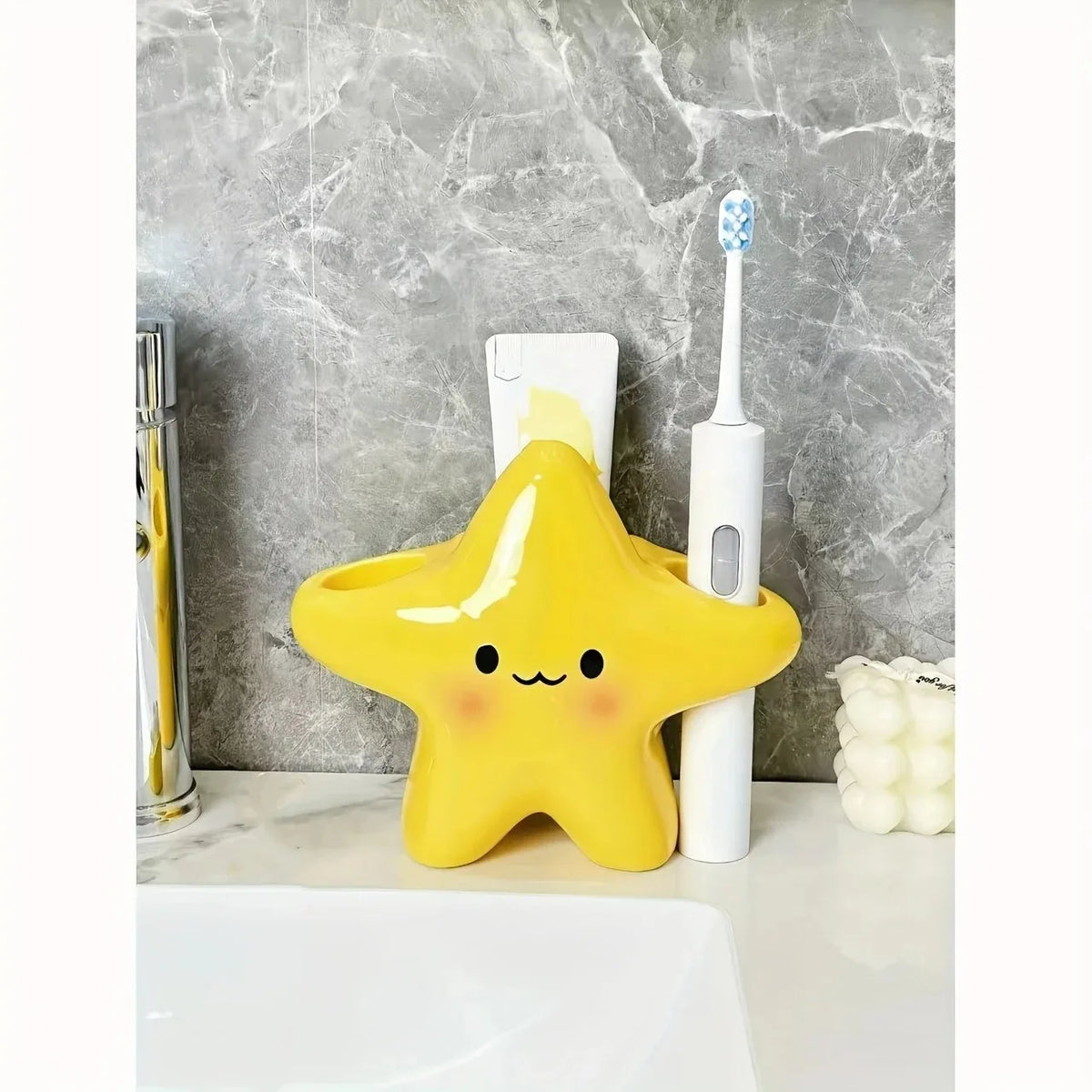 Cute star-shaped eprolo toothbrush holder and bathroom organizer, freestanding and designed for countertop use.