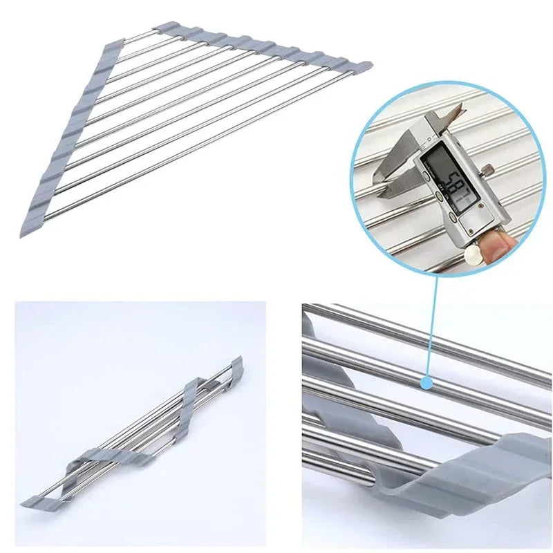 Foldable stainless steel triangle dish rack by eprolo, designed for kitchen sink storage and sponge organization.