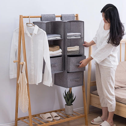 Cotton linen hanging storage bag with drawer-style compartments for wardrobe organization, by eprolo.