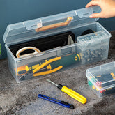 Transparent eprolo tool storage box with handle, portable tool case showing compartments for organizing tools and accessories.