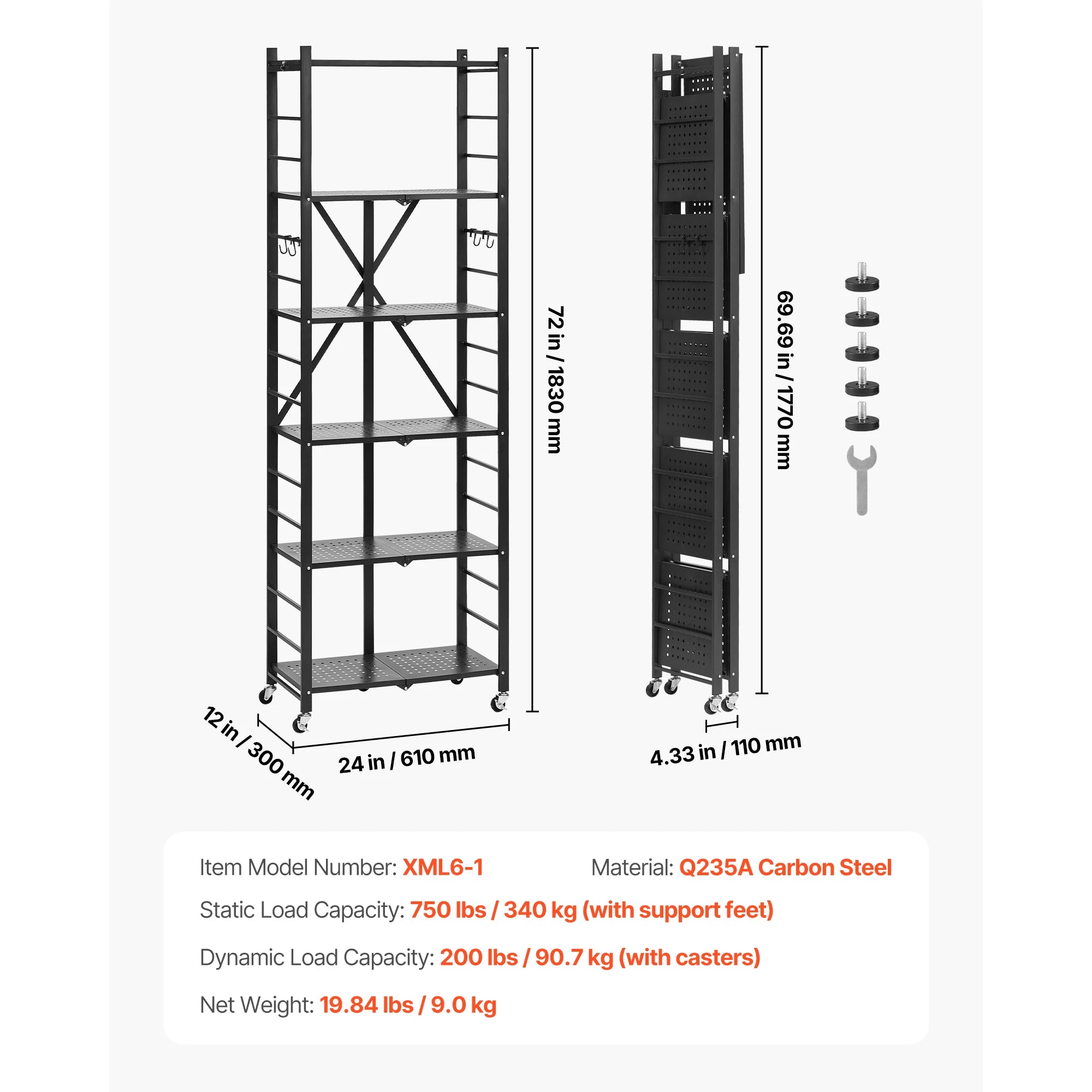 Buy 6/5/4/3 Tier Black Foldable Storage Shelf with Wheels Folding Rack