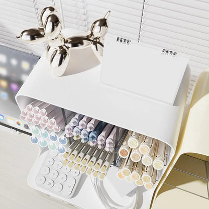 eprolo students’ large-capacity oblique pen holder desk stationery storage box on a workspace with pens and stationery.