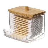 Eprolo cotton swab holder with bamboo jars, compact dispenser for storing and organizing cotton swabs in a stylish design.