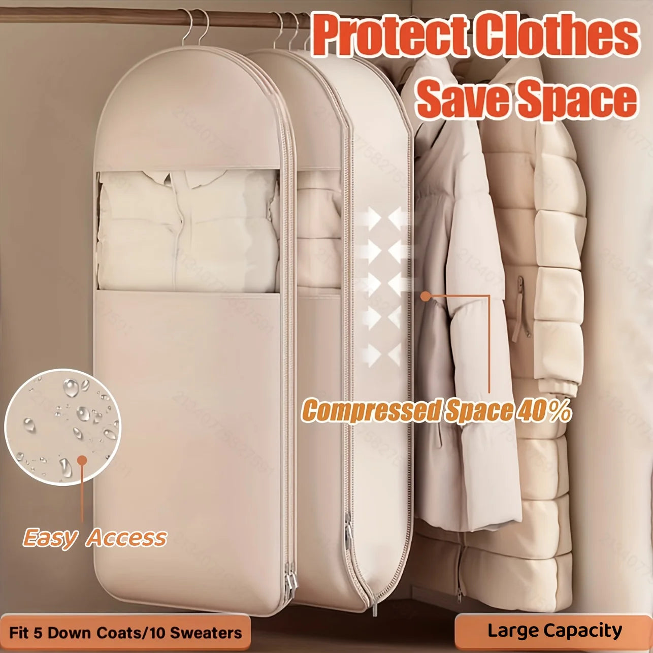 Beige Compression Hanging Bag, Durable Zipper for Winter Clothes