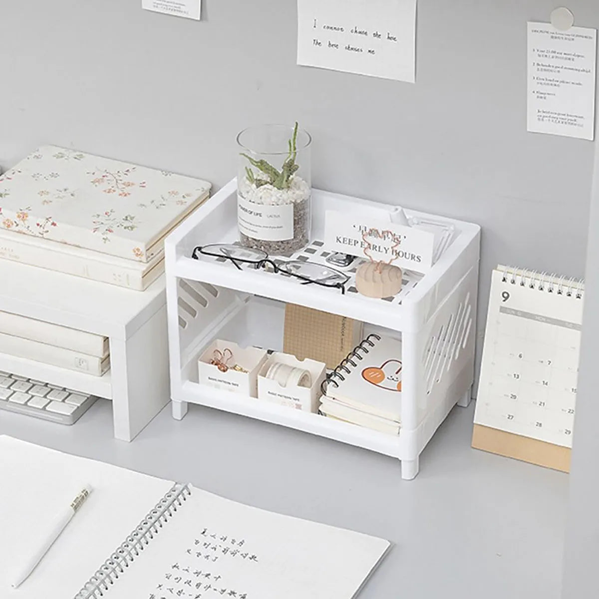 1PC PP Desktop Double Layer Storage Rack Rectangular White Organizing