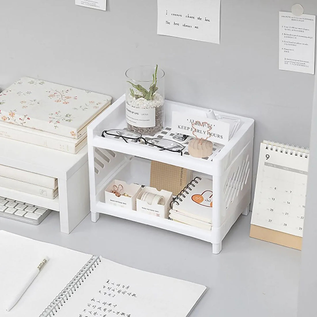 1PC PP Desktop Double Layer Storage Rack Rectangular White Organizing